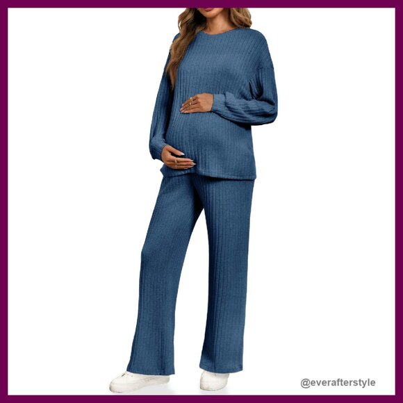 Maternity Pajama Set Ribbed Knit Long Sleeve Lounge Wear Cozy Chic
